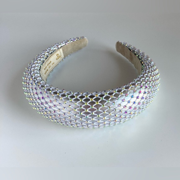 Padded 1.5” Headband with Rhinestone-Adorned Mesh Overlay/Silver Base Handmade - Picture 5 of 10